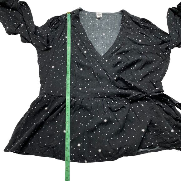 GAP Black Celestial Rayon Long Sleeve Wrap Top Size Medium Womens Stars Dot - Picture 10 of 12